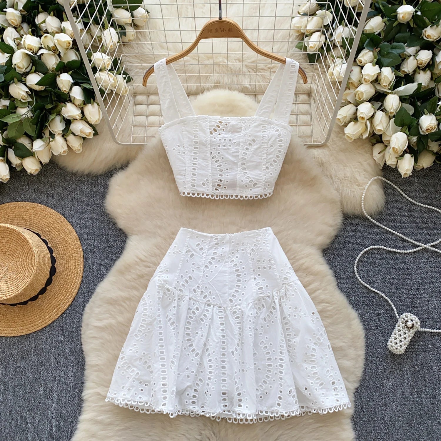 Two Piece Sets Summer Crop Tops Short Skirts Suits Embroidery