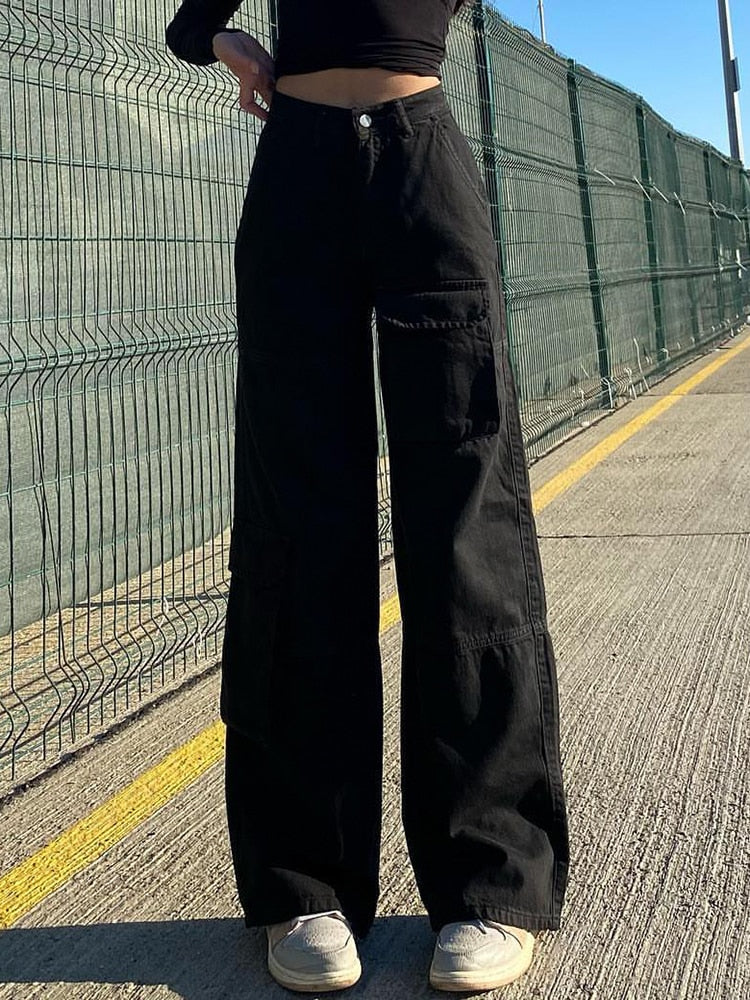Black Jeans Baggy Pocket Patchwork Straight Cargo Streetwear Denim
