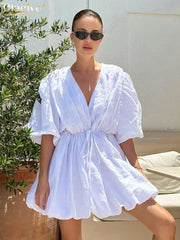 Summer Loose White Cotton Casual V-Neck Short Sleeve Mini Dresses