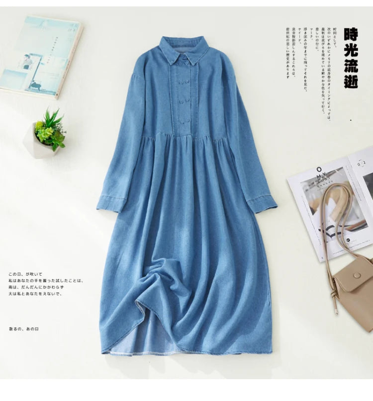 Style Solid Fashion Turn-down Collar Denim Autumn Dress