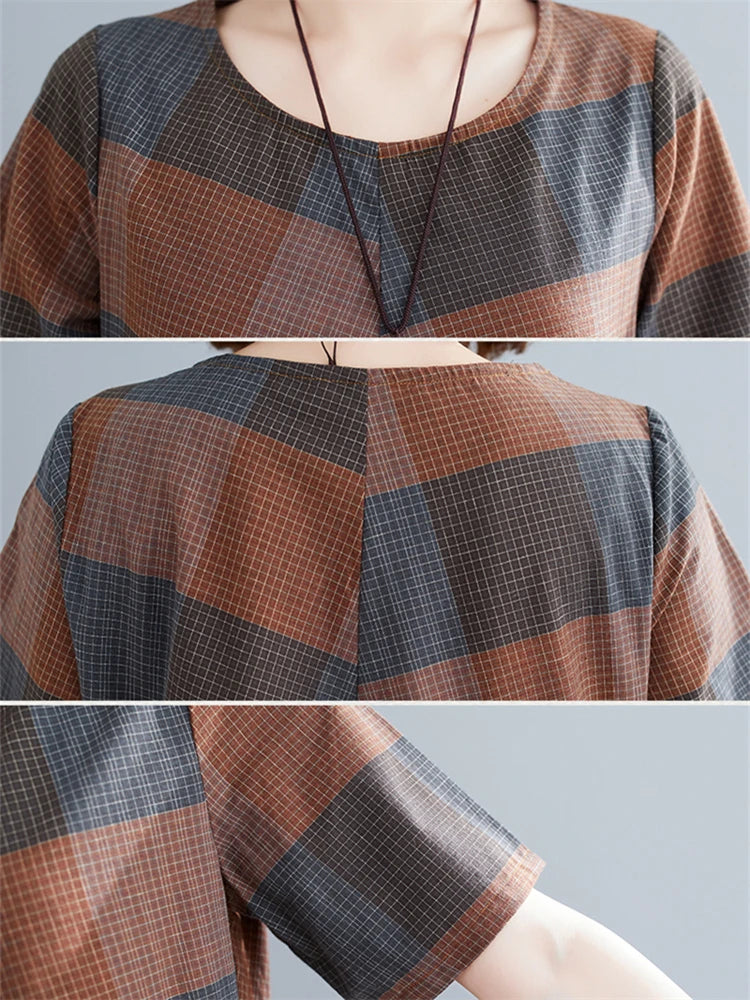 Short Sleeve Summer Plaid Dresses Casual Vintage Fashion