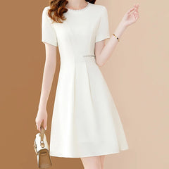 Women Chic Beading Chiffon O-neck Elegant White Office  A-LINE Dresses