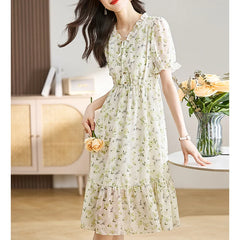 Floral Printing V-neck Ruffles A-line Robe Short Sleeve Lace Up Dress