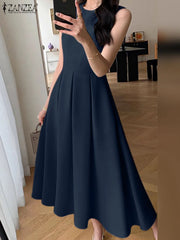 Women Sleeveless Pleated Dress A-line Tank Evening Dress