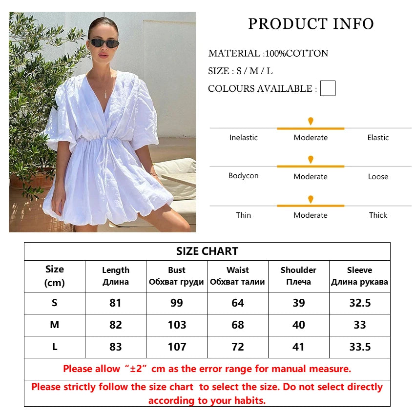 Summer Loose White Cotton Casual V-Neck Short Sleeve Mini Dresses