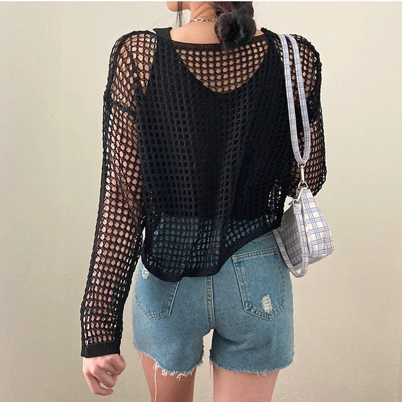 Casual Knit T-shirts Long Sleeve Hollow Out Smock Top Streetwear