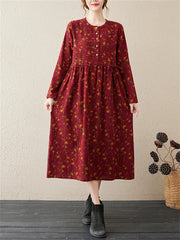 Long Sleeve Cotton Linen Vintage Floral Print Dresses Clothing