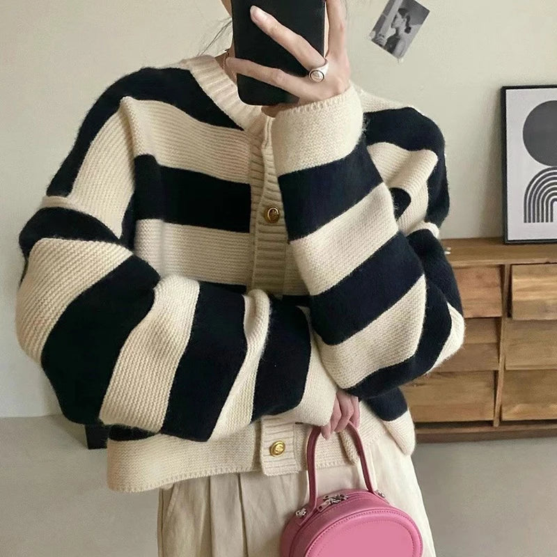 Striped Knitted Button Up Loose Cardigan Sweaters