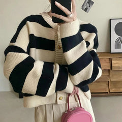 Striped Knitted Button Up Loose Cardigan Sweaters