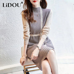 High Collar Houndstooth Lace Patchwork Knitting Dress
