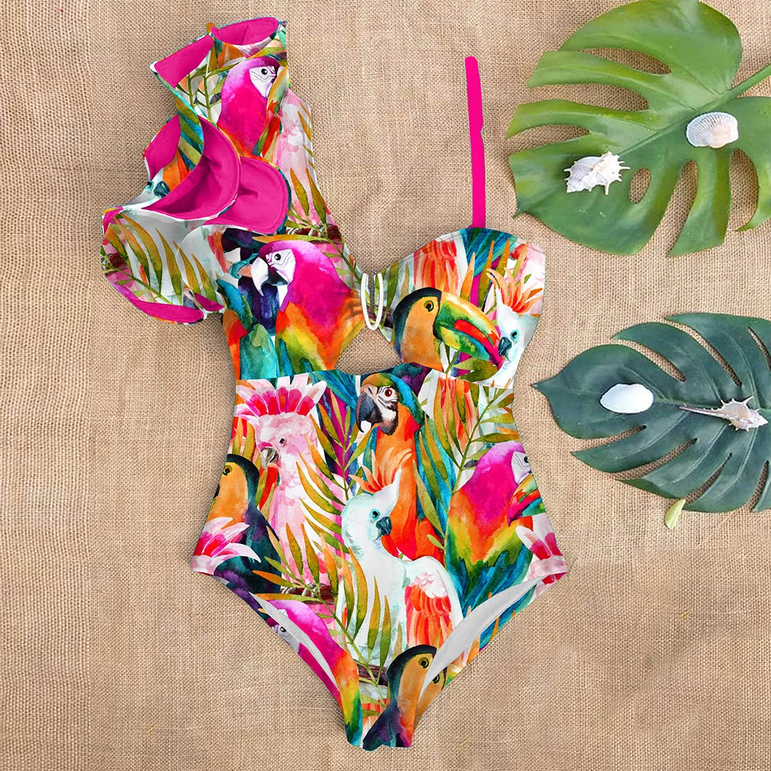 Ruffle Swimwear Single Shoulder One Piece Swimsuit Floral Printed