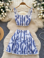 Two Piece Sets Summer Crop Tops Short Skirts Suits Embroidery