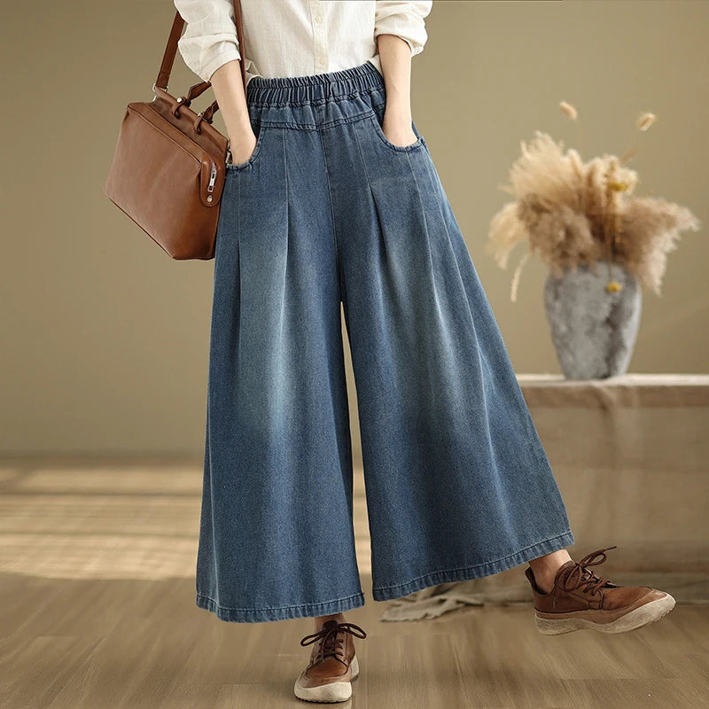 Wide Leg Jeans Fashion Elastic Waist Loose Casual Straight Denim Pants