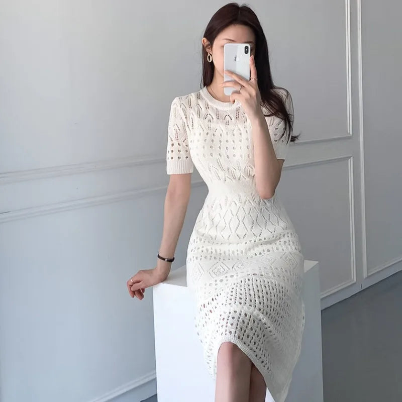 Casual Chic Slim Out Dresses O Neck Short Sleeve Wrap Hip Knitted Dress