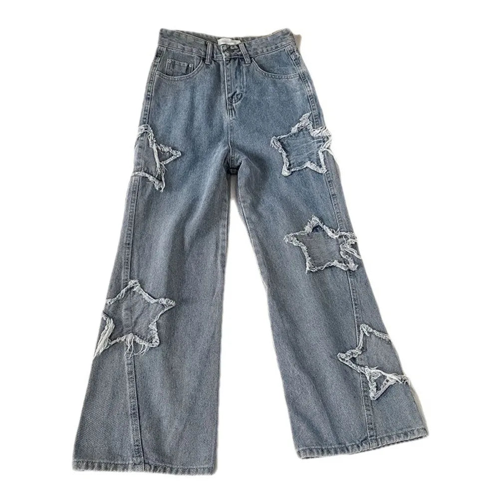 Denim Popular Ins Fashion With Star High Waist Straight Leg