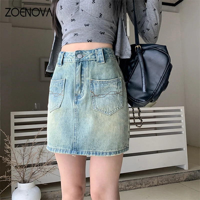 Retro A-line Denim Fashion Women's Casual High Waisted All Match Skirt