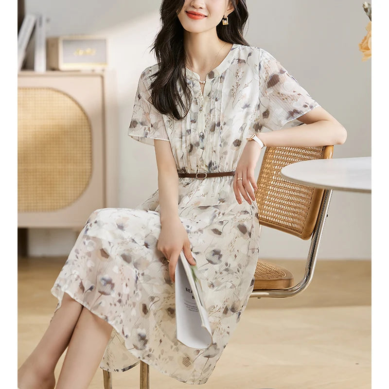 V-neck Elegant Fashion Floral Printed Midi Dress