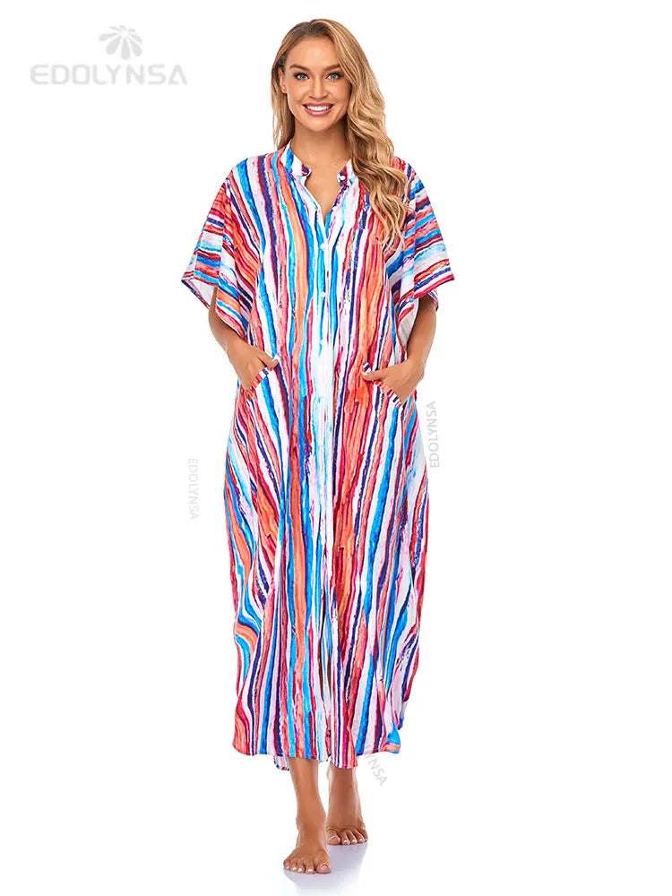 Casual Bikini Cover-ups Blue Tunic Striped Front Open Summer Beach Dress