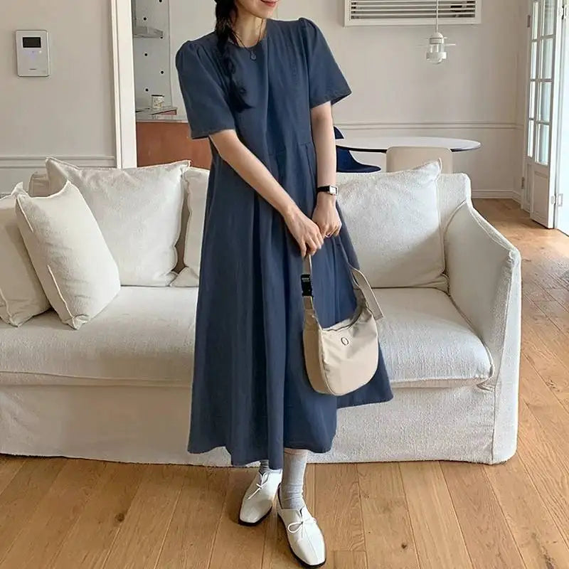 Casual Denim Summer Short Sleeve Pleated Midi Dress