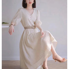 Fashion V-neck Folds Waist Elegant Midi Dress Half Sleeve