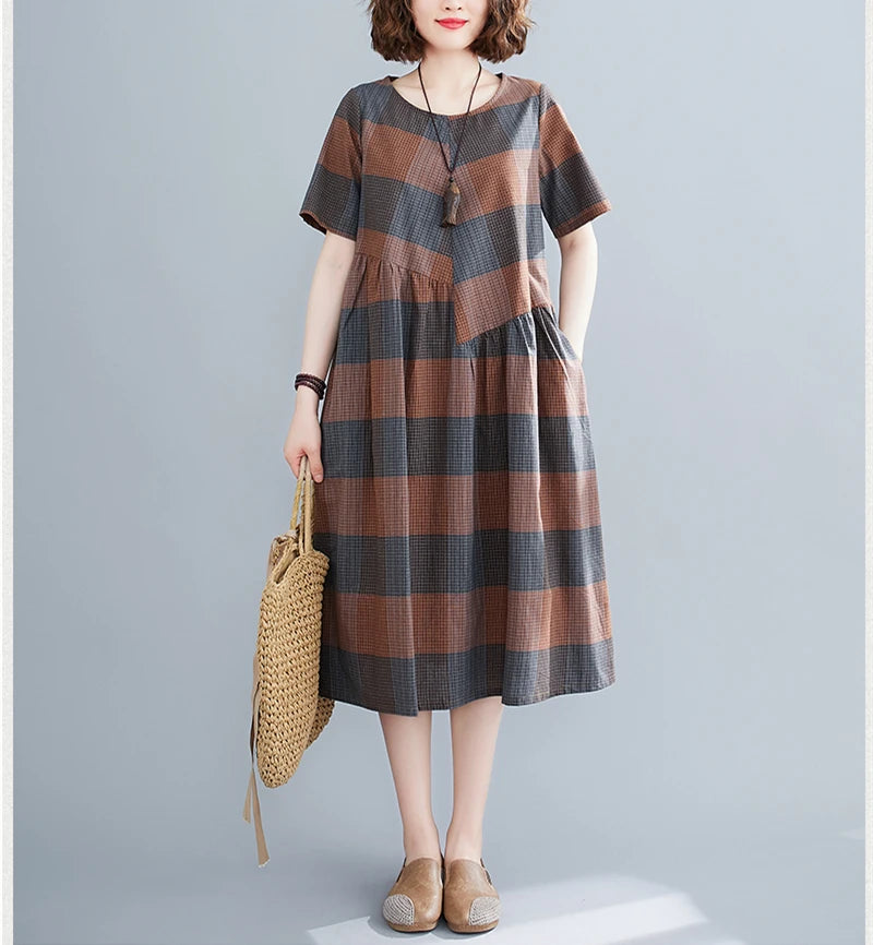 Short Sleeve Summer Plaid Dresses For Casual Vintage