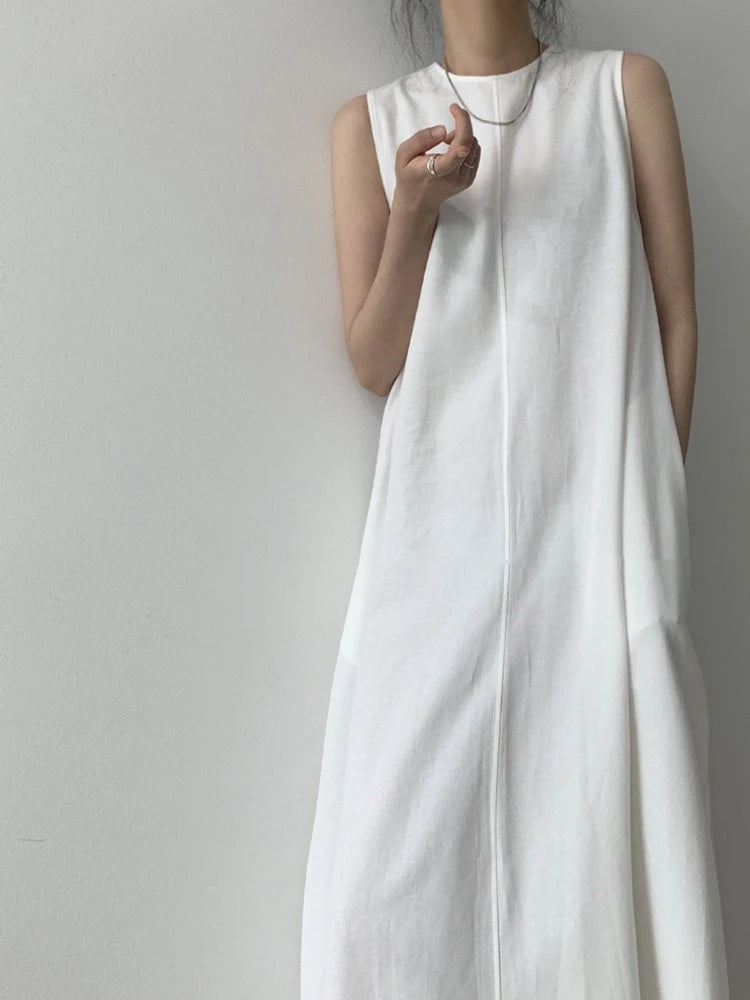 Cotton Linen Sleeveless Women's Long Dresses Solid O-Neck Style