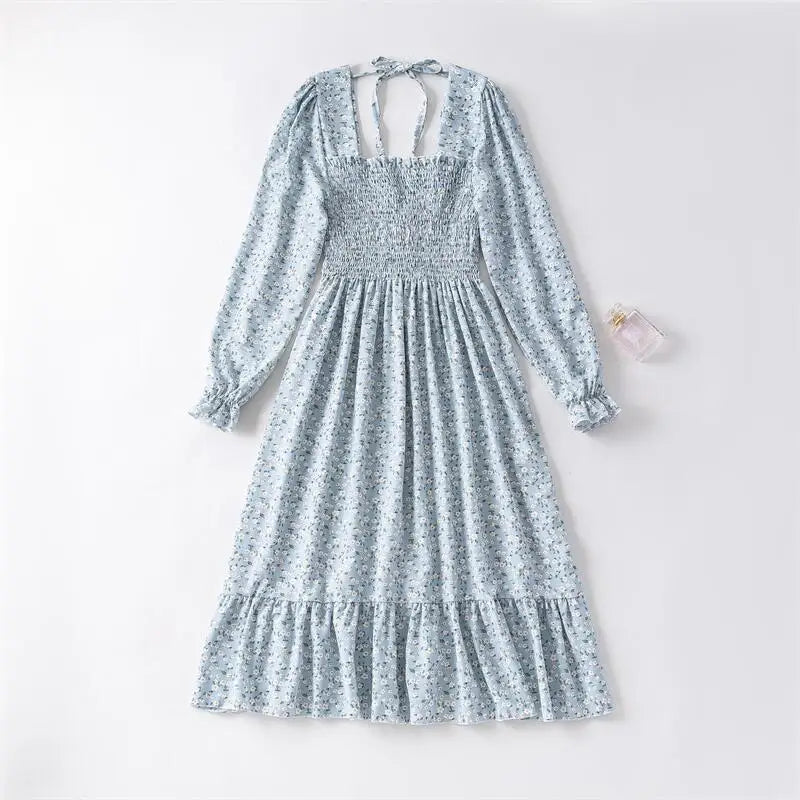 Chiffon Long Sleeve Fashion Printed Floral Midi Casual Dress