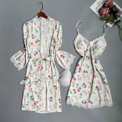 Twinset Lace Robe Set Women Sleepwear Nightgown