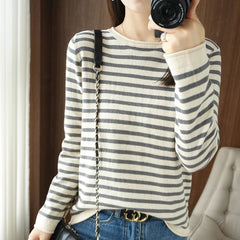 Sweater Curled O-neck Strip Pullover Casual Knit Clothing Fashion