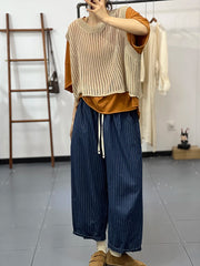 Striped Causal Loose Drawstring High Waist Wide Leg Denim Pants
