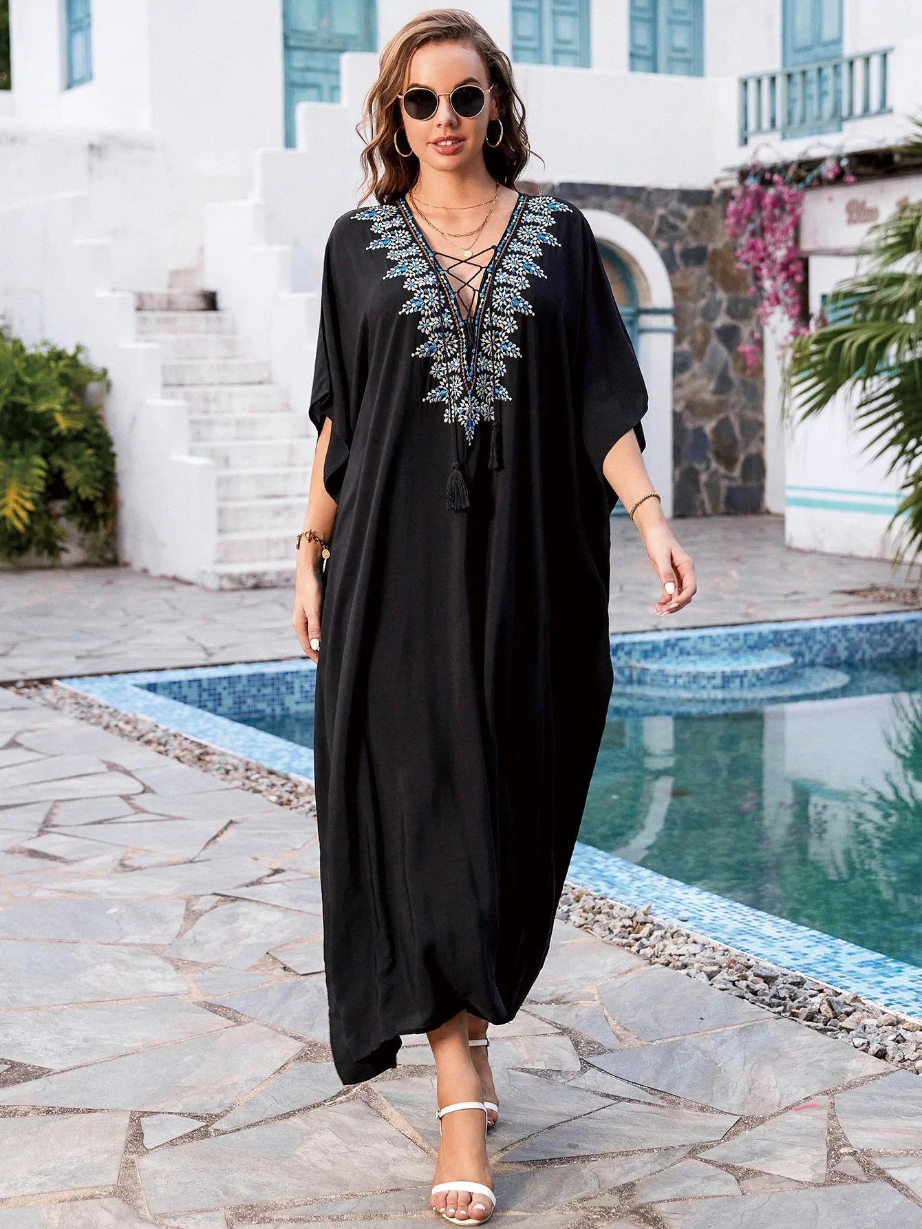 Embroidered V-neck Tassel Batwing Sleeve Kaftan Beach Dress