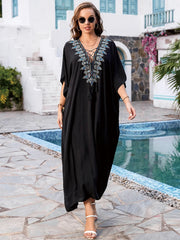 Embroidered V-neck Tassel Batwing Sleeve Kaftan Beach Dress