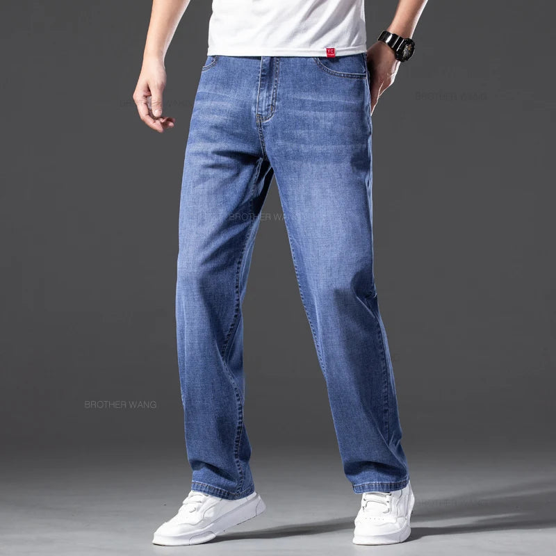 Summer Men's Thin Jeans Baggy Elastic Casual Straight Denim Pants Classic