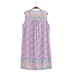 BOHO Purple Flower Print Sleeveless Mini Dress Hippie