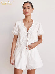 Loose White Cotton 2 Piece Sets Women Outfit Short Sleeve Shirt