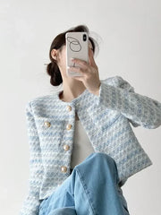 Women Tweed Elegant Coat With Pockets Single-breasted Cardigan Short Jacket