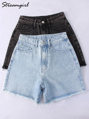 Blue Denim Shorts Women Jeans Long High Waist