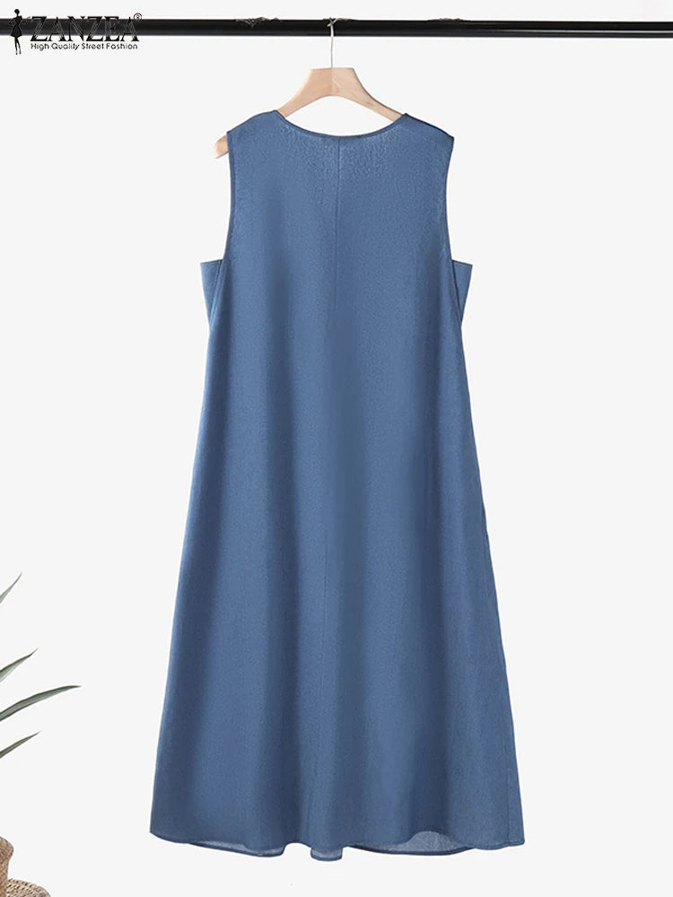 Fashion Women Sleeveless Denim Blue Sundress Stylish Ruffles