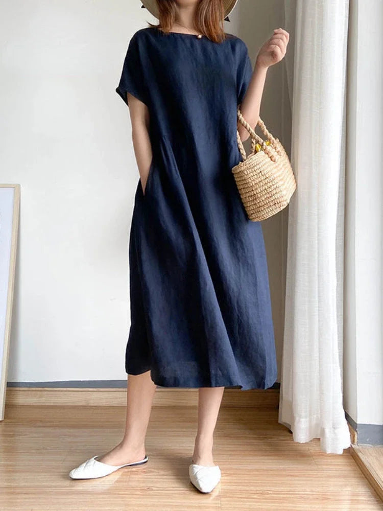 Summer Casual Loose Short Sleeve A-LINE Oversize Solid Midi Dress