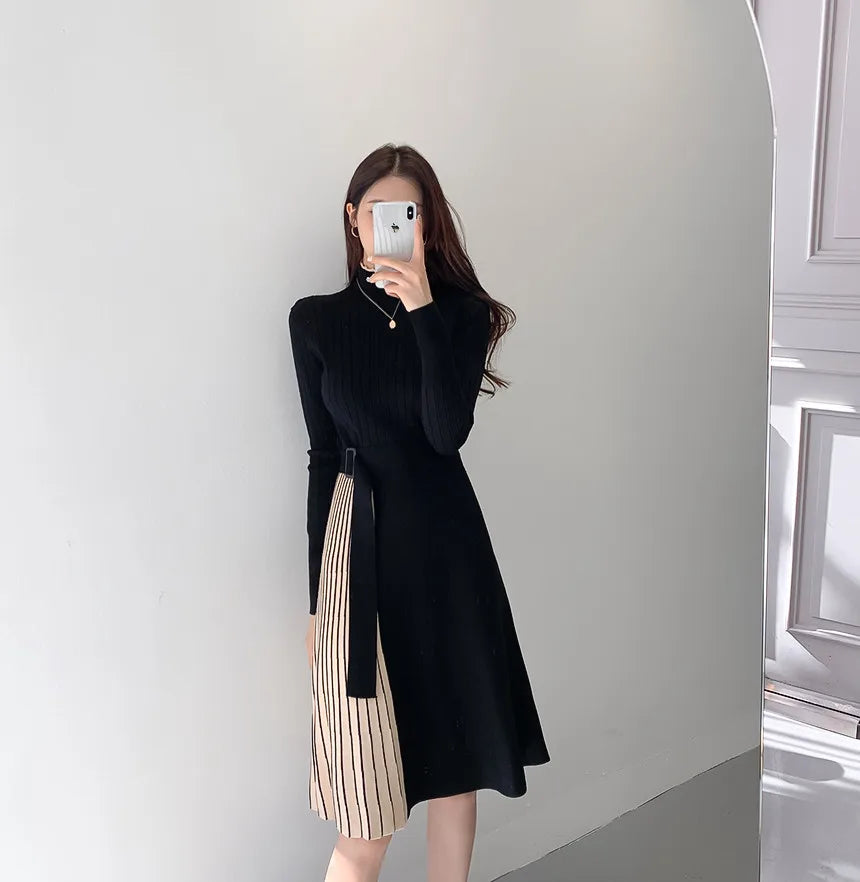 Vintage Elastic Knitted Sweater Midi Dresses Fashion Office Style