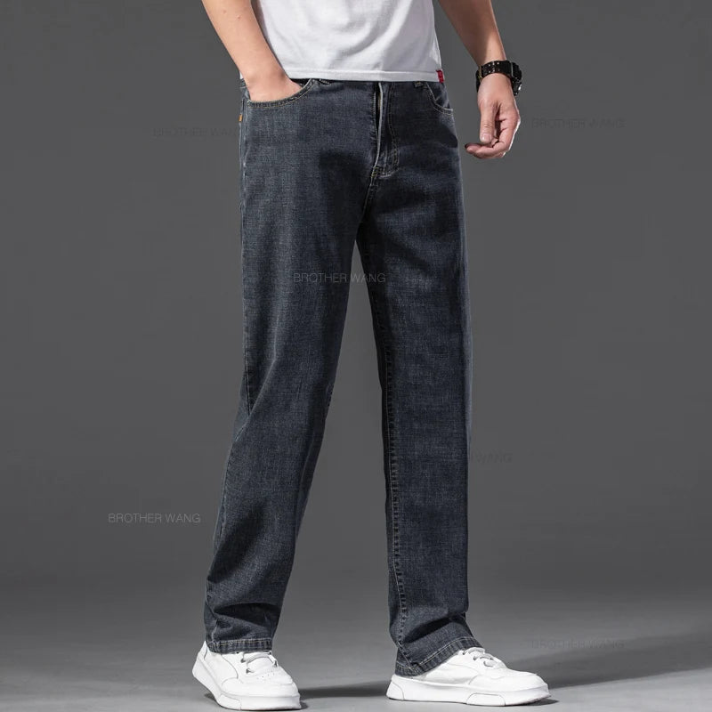 Summer Men's Thin Jeans Baggy Elastic Casual Straight Denim Pants Classic