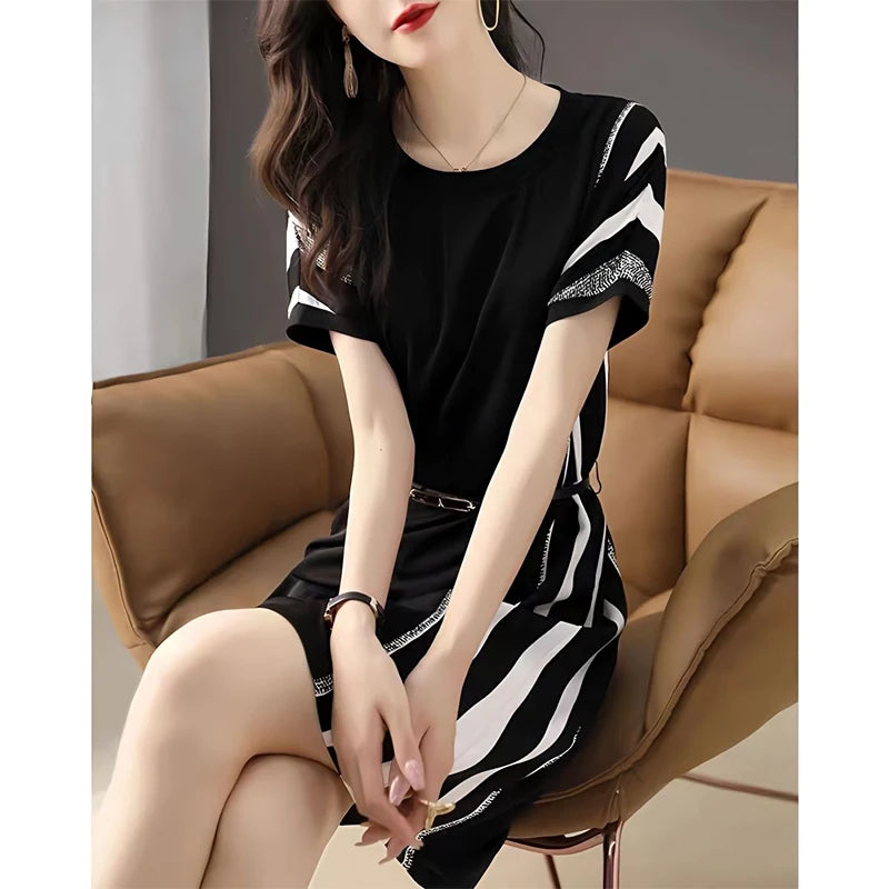 Elegant Fashion Printed Knee Length Robe Short Sleeve Chiffon Dress