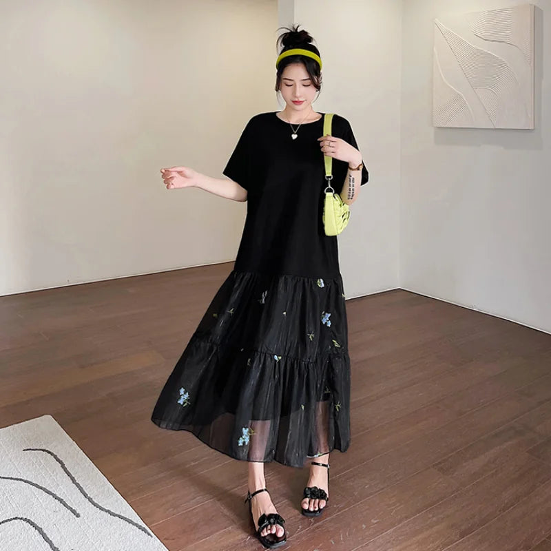 Pleated Loose Plus Size Patchwork Black T-Shirt Dress Casual