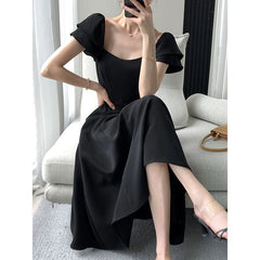 Style Black Waist A-line Dress Lady Short Sleeve Elegant Fashion