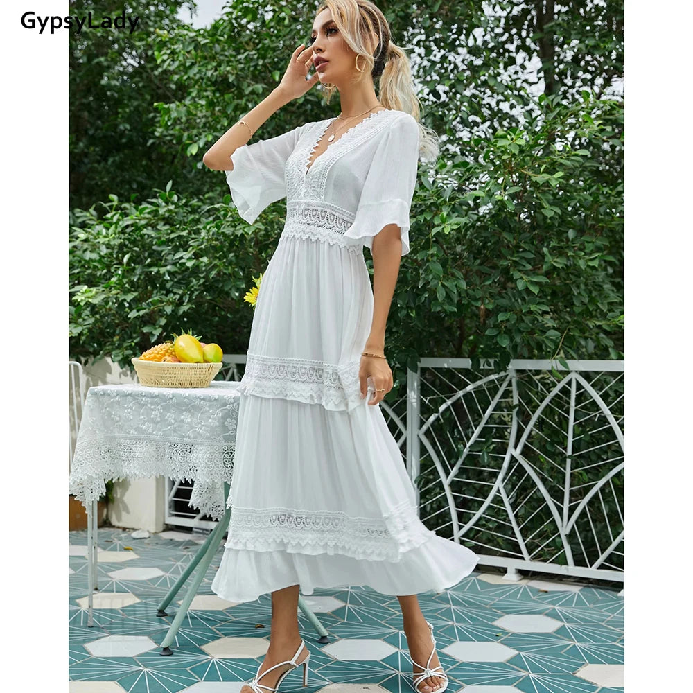 White Lace Maxi Dress Cotton Vintage Casual Chic Ruffle Boho