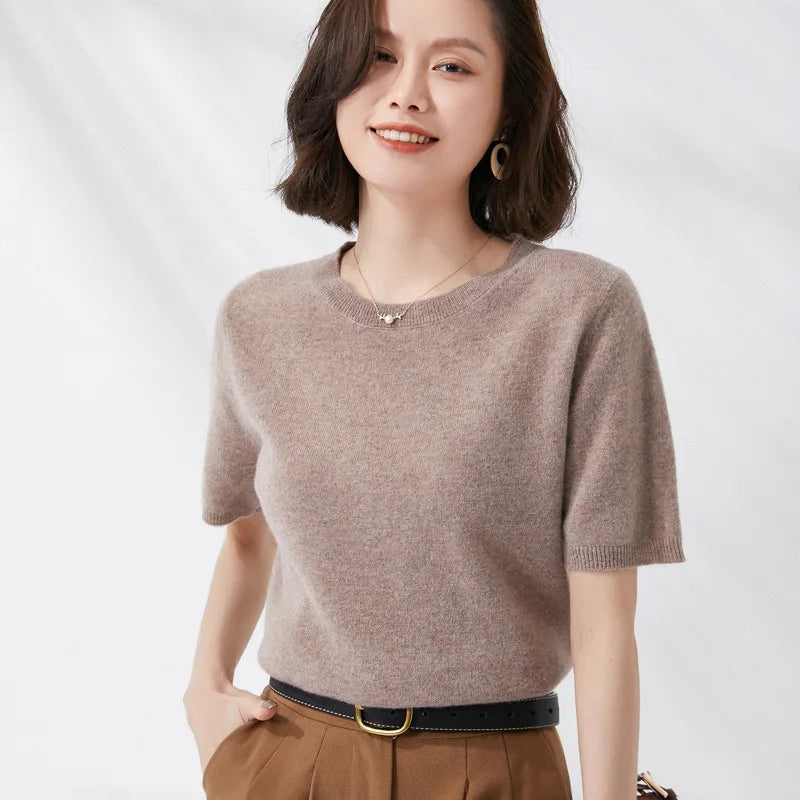 Short-sleeved O-neck  Pullover T-shirt Knitted Base Sweater