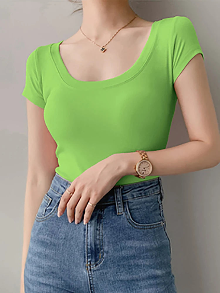 Cotton T Shirt Women Slim Solid Basic Tees Color Casual