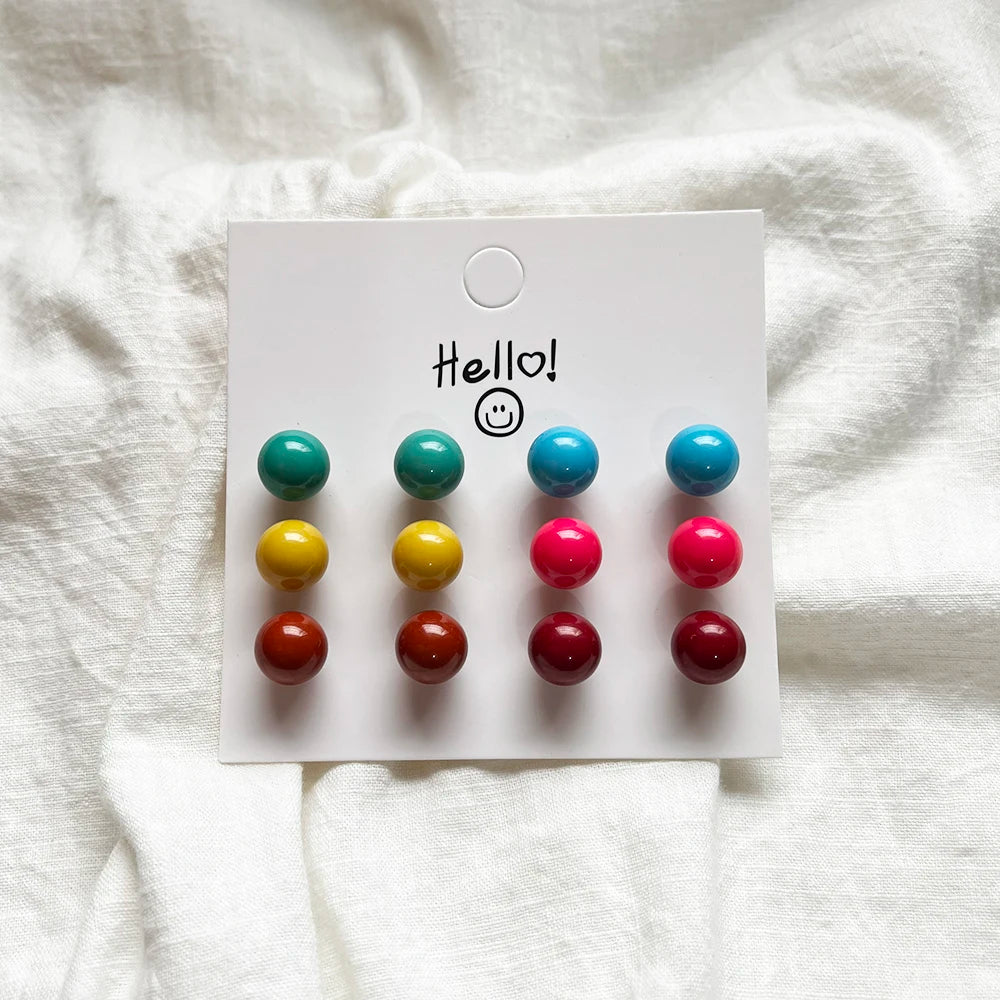 6Pair/set Colorful Candy Color Bead Stud Earring Set