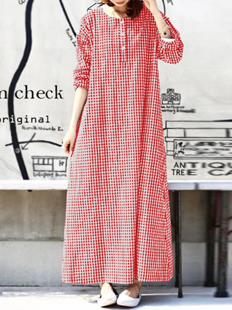 Casual Women Plaid Checked Dress Autumn Fashion Long Sleeve