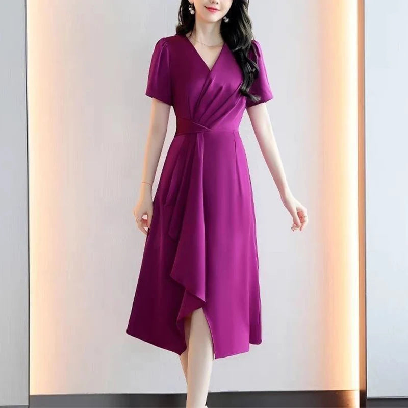 Summer V-neck Elegant Fashion Folds Waist Dress Lady Short Sleeve